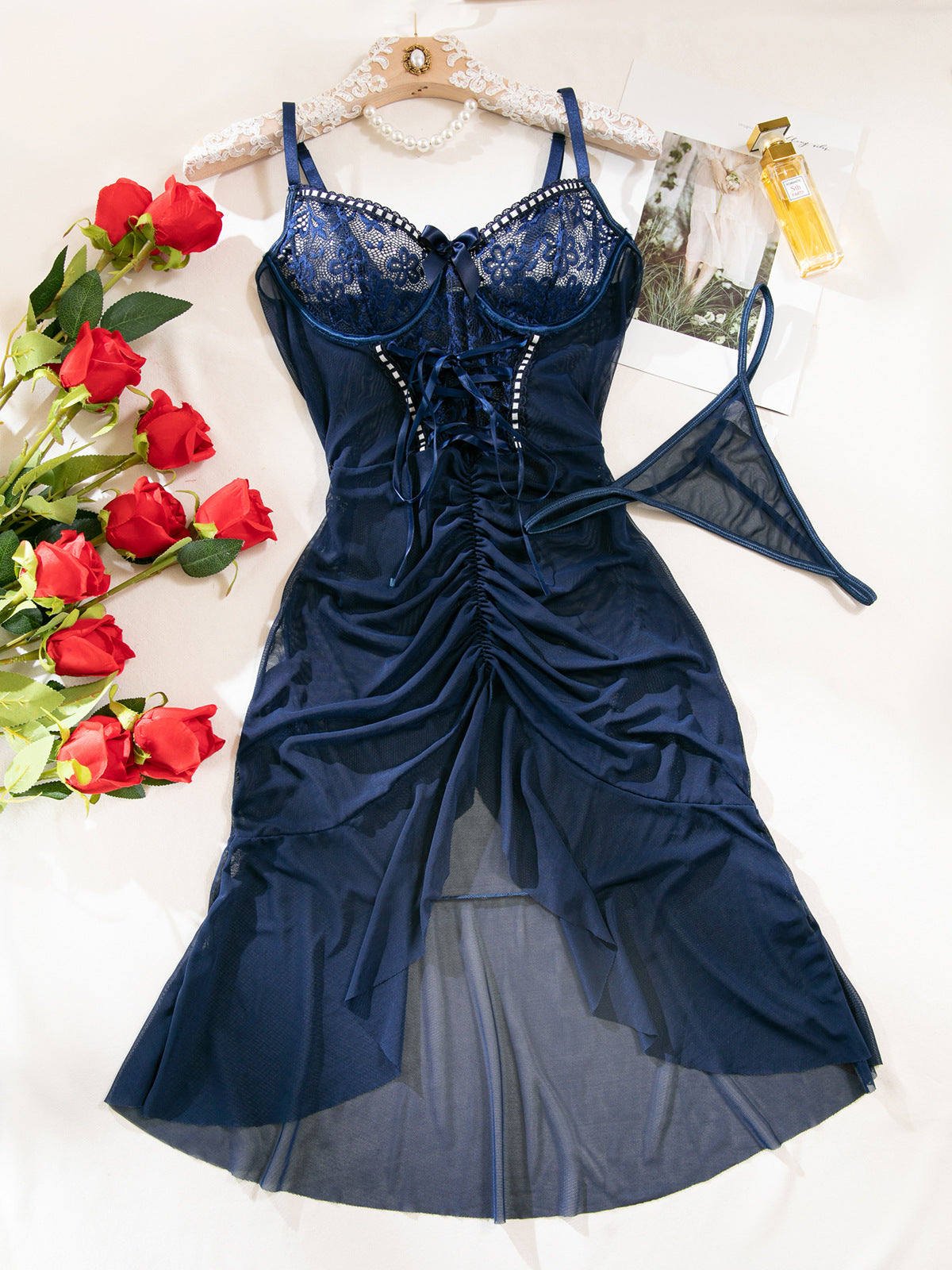 Cross-border Sexy Lace Transparent Temptation Ultra-thin Mesh Dress and Thong Set