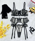 Floral Embroidery Patchwork Sheer Mesh Sexy Lingerie Set for Women